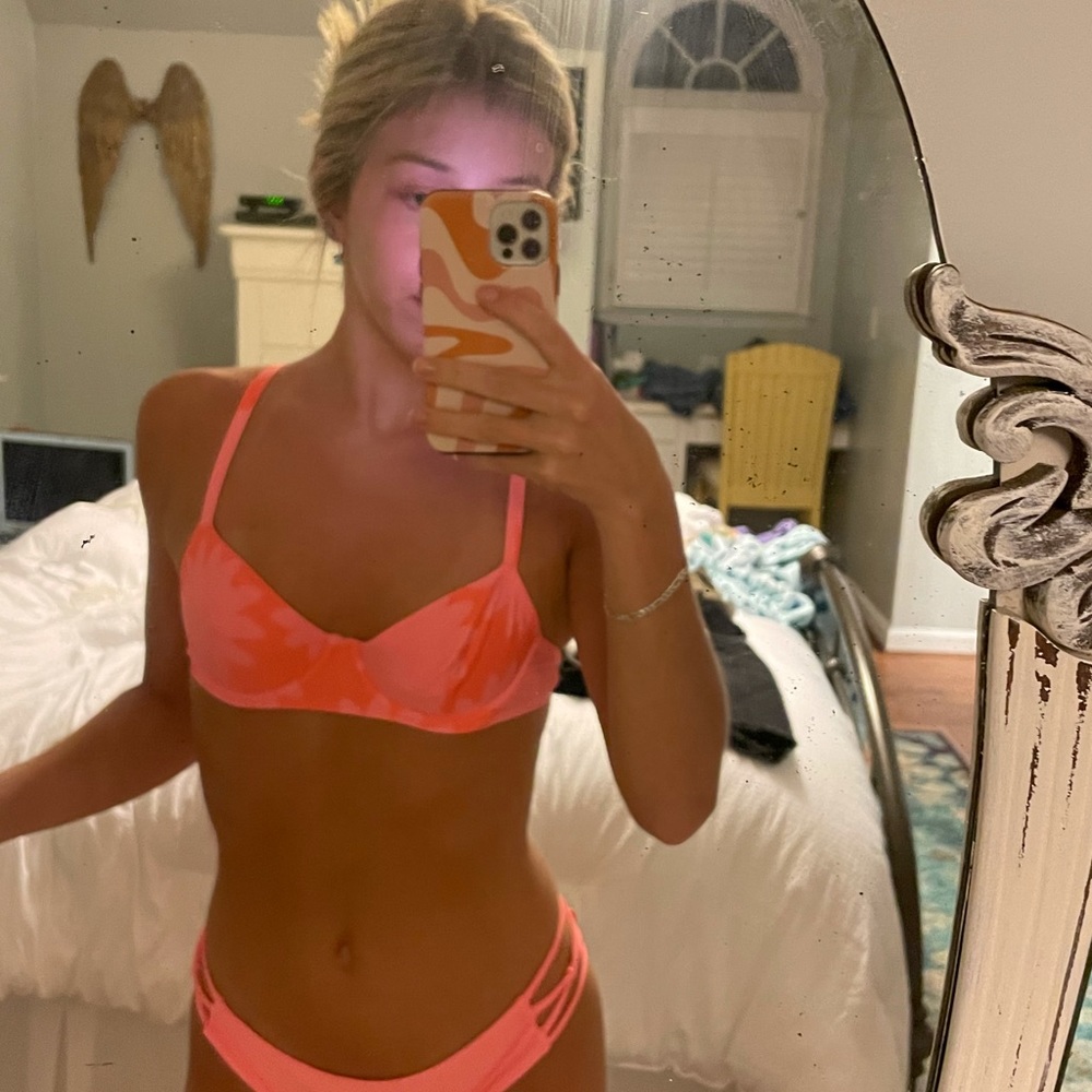 Neon orange and pink bra swim top
